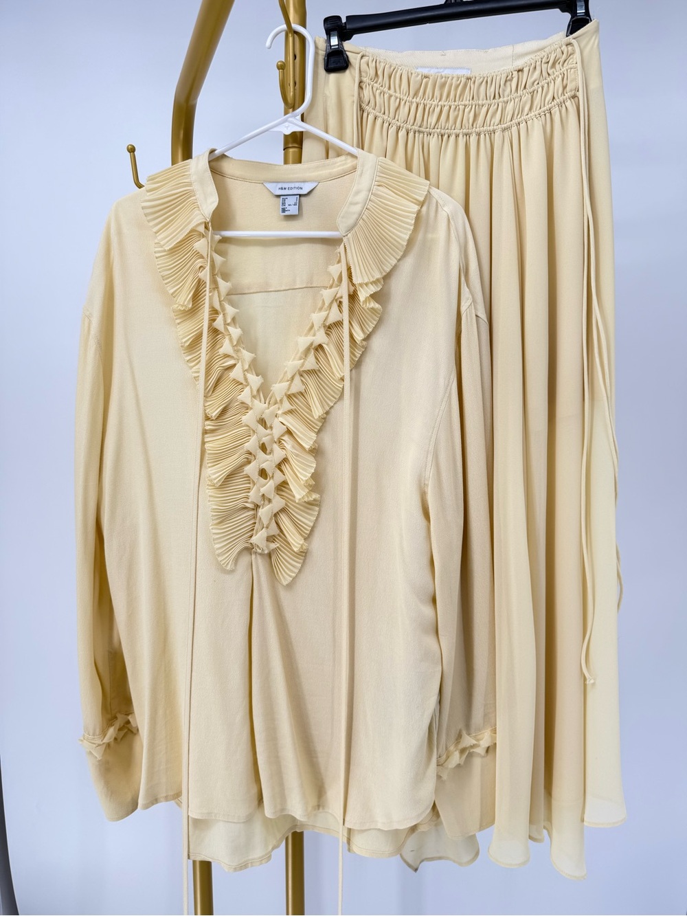 H&M Edition Butter Yellow Chiffon Maxi Skirt & Ruffle Blouse Set S